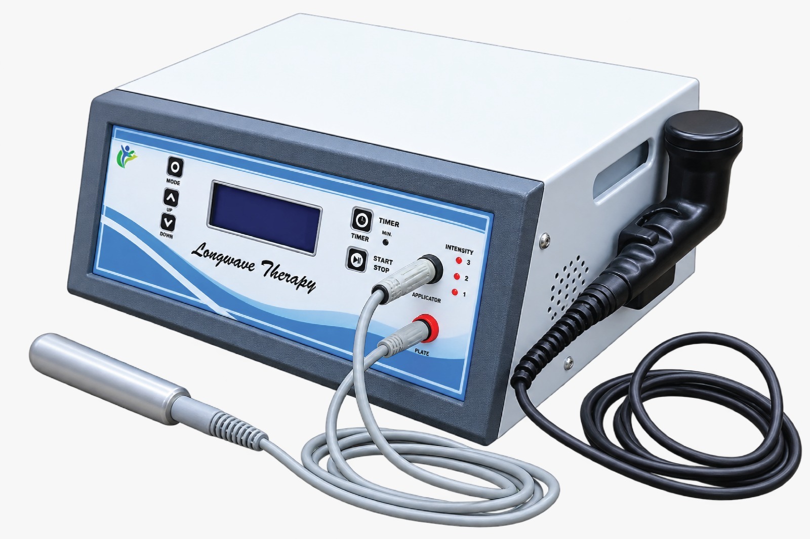 Long Wave Therapy Machine Longwave therapy machine with digital display, treatment timer, adjustable intensity indicators, therapy applicator wand, and plate connection for professional physiotherapy use.