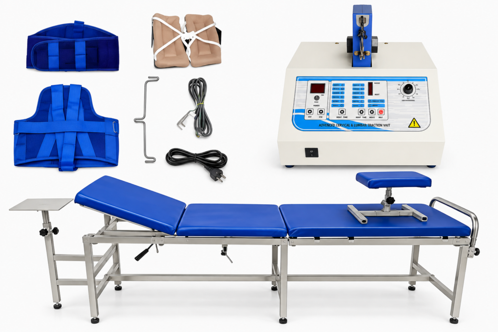 Digital Cervical and Lumbar Traction Physiotherapy Machine with Treatment Table, Cervical Harness, Pelvic Belt and Accessories