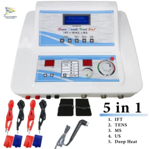 Professional physiotherapy combo device showing knobs, mode selectors, and therapy ports