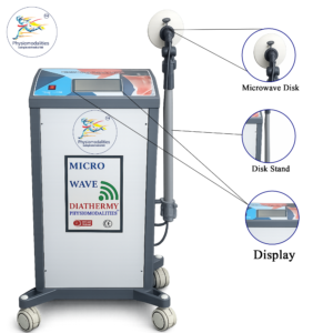 Micro Wave Diathermy Machine showing digital display, microwave disk applicator, and adjustable stand for physiotherapy treatment