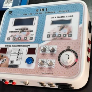 6-in-1 Physiotherapy Machine by PHYSIOMODALITIES ENTERPRISES featuring IFT, TENS, MS125P, Ultrasonic Therapy (US), Heat Therapy, and LCD TENS for physiotherapy and rehabilitation.