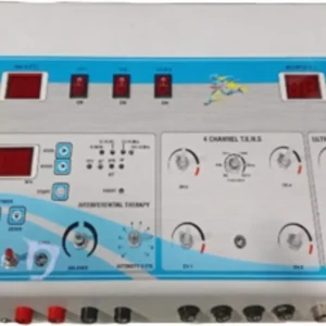Advanced 3-in-1 Electrotherapy by PHYSIOMODALITIES ENTERPRISES featuring IFT, Muscle Stimulation (MS), and TENS Therapy for physiotherapy and rehabilitation.