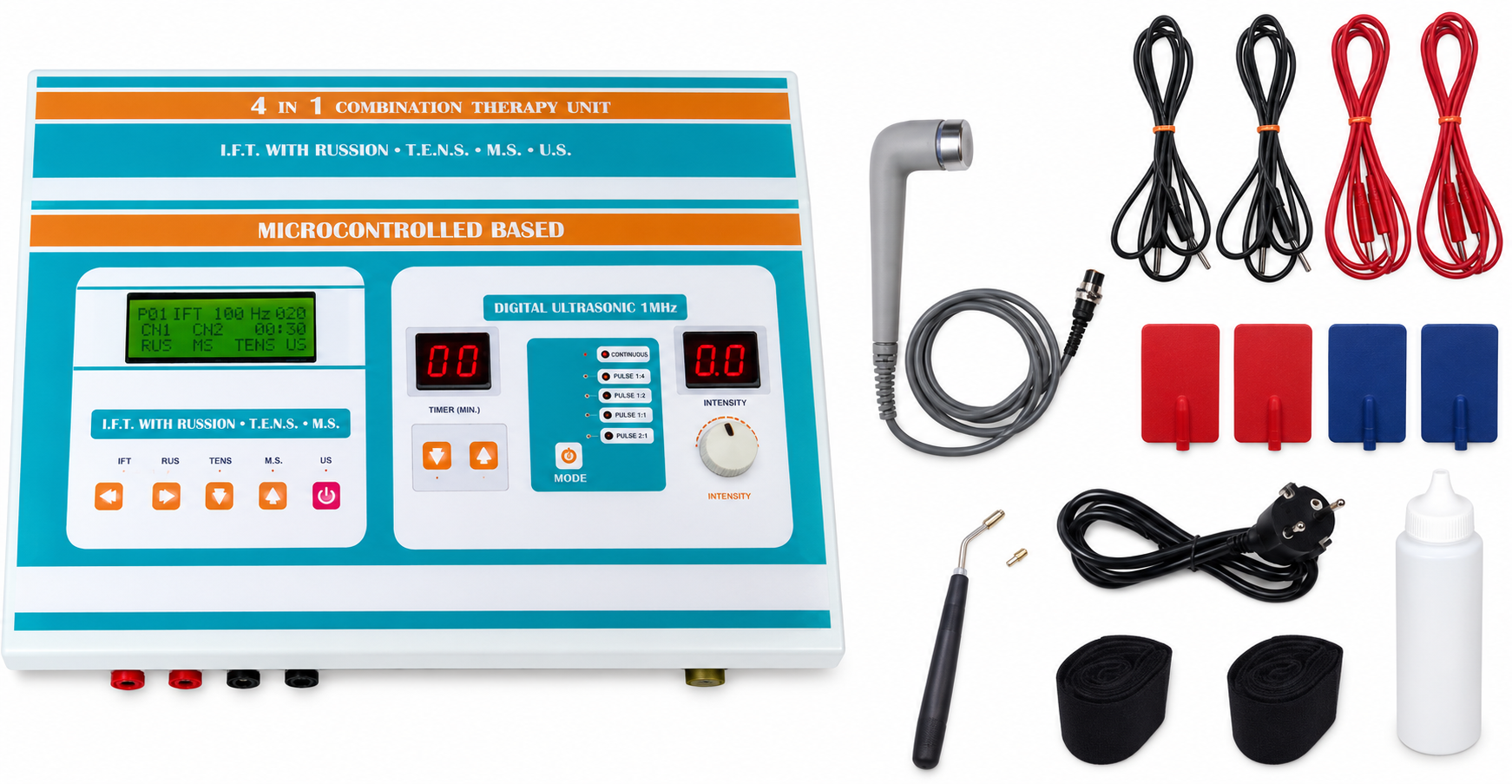 Advanced 4-in-1 Combo Therapy Unit Advanced 4-in-1 Combo Therapy Unit by PHYSIOMODALITIES ENTERPRISES featuring IFT, MS125P, 1MHz Ultrasonic Therapy, and 5 LED Therapy for physiotherapy and rehabilitation.