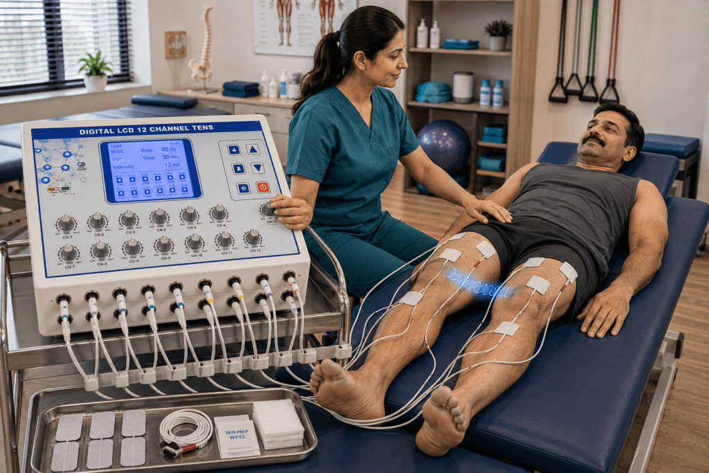 Digital LCD 12 Channel TENS Physiotherapy Machine used for multi-electrode knee therapy by a physiotherapist
