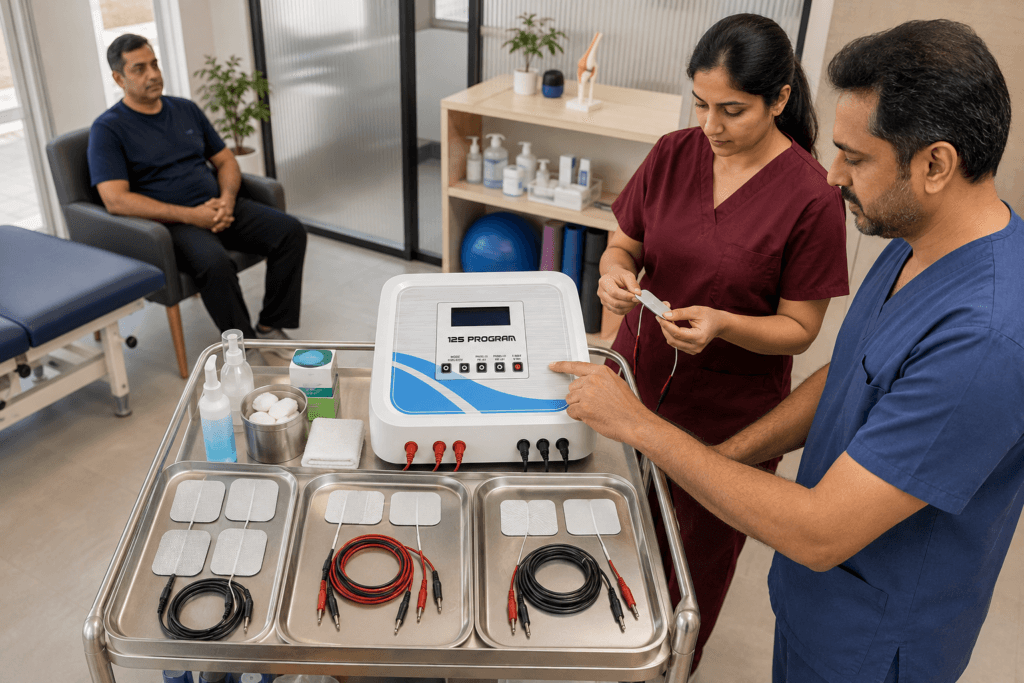 Physiotherapists preparing 125 Program IFT MS TENS Physiotherapy Machine electrodes and cables before treatment