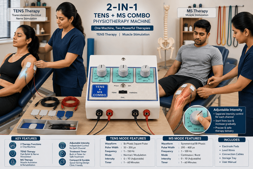 2 In 1 TENS + MS Combo Physiotherapy Machine 2-in-1 TENS and MS Combo Physiotherapy Machine for nerve stimulation and muscle stimulation therapy