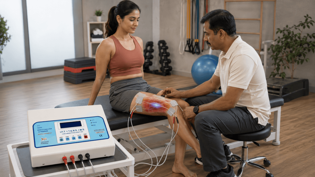 IFT TENS and muscle stimulator physiotherapy machine used for knee pain treatment with electrode pads