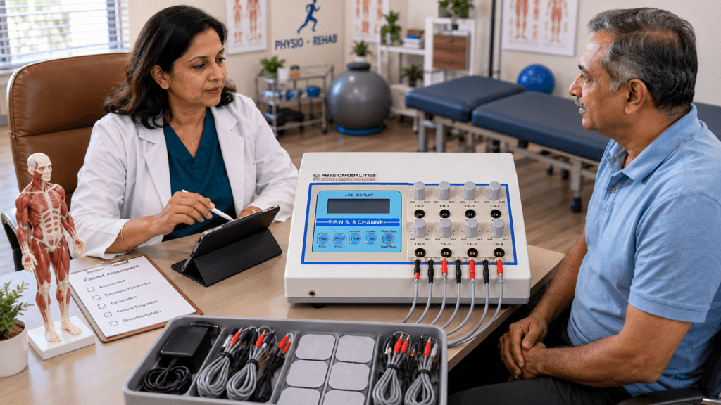 LCD 8-Ch TENS Therapy Machine LCD 8-Ch TENS Therapy machine with LCD display and multiple output channels during professional patient consultation in a physiotherapy clinic.