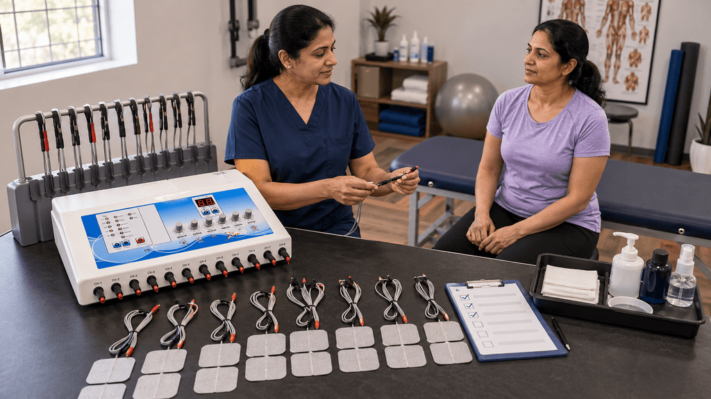 Physiotherapist preparing an 8-Channel TENS Physiotherapy Unit with electrode cables and pads while explaining treatment to a patient