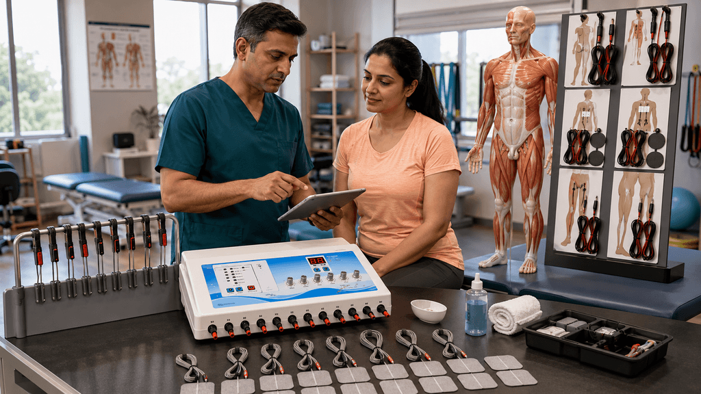 Physiotherapist explaining an 8-Channel TENS Physiotherapy Unit and electrode placement to a patient in a physiotherapy clinic