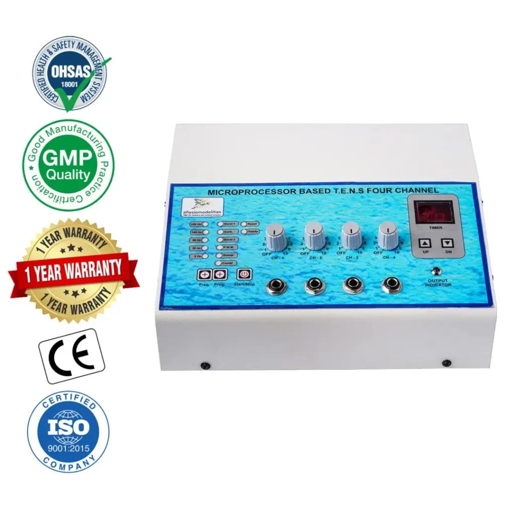 Automode 4 Channel TENS Physiotherapy Machine Automode 4-Channel TENS Physiotherapy Machine with multiple electrode pads applied to both legs during electrotherapy treatment