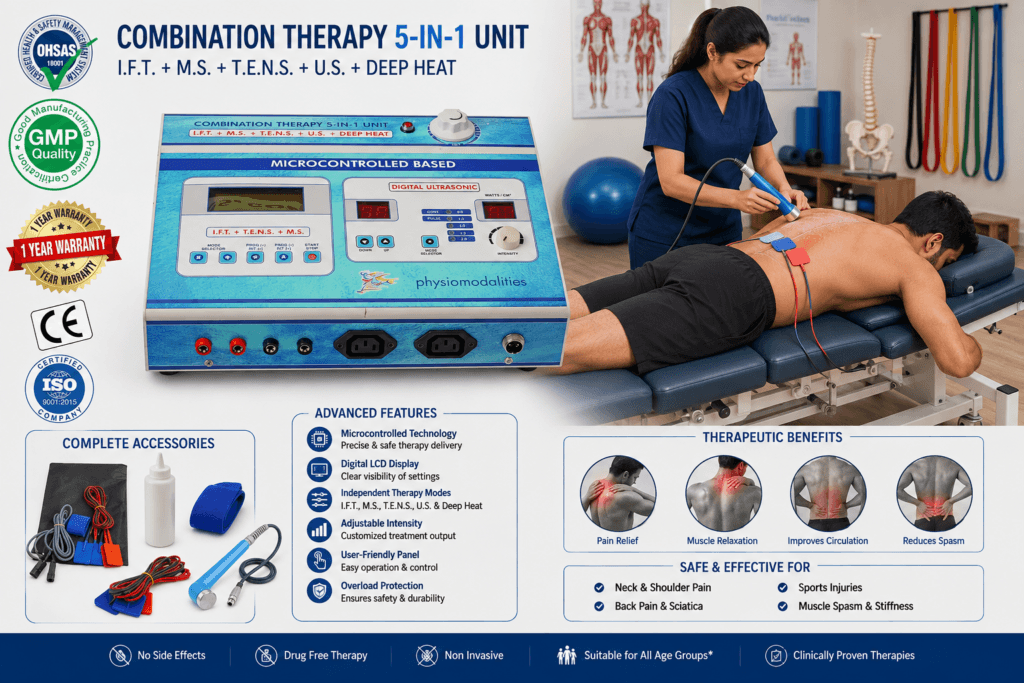 Physiomodalities Combination Therapy 5-in-1 Unit with IFT, TENS, Muscle Stimulation, Ultrasound and Deep Heat Therapy