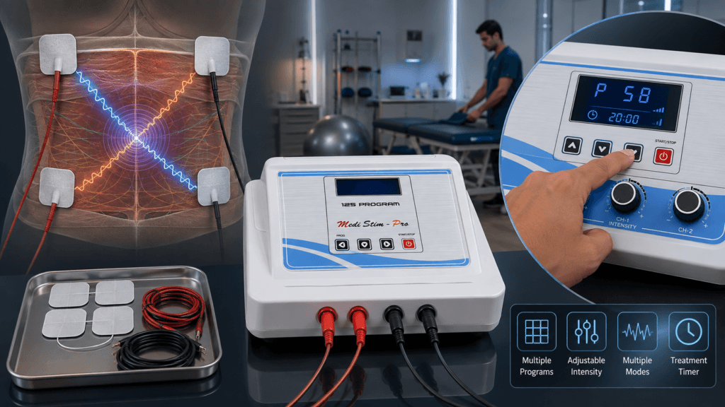 Digital IFT 125 Program Physiotherapy Machine with electrode placement and adjustable treatment controls