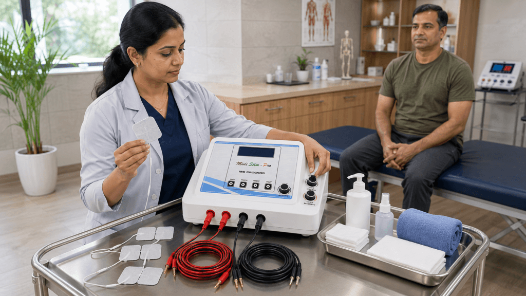 Digital IFT 125 Program Physiotherapy Machine with electrode pads and cables prepared by a physiotherapist
