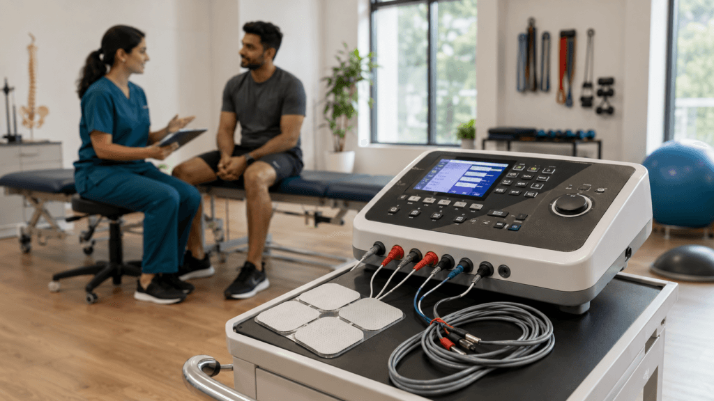 Digital IFT physiotherapy machine with electrode pads and cables in a professional physiotherapy clinic