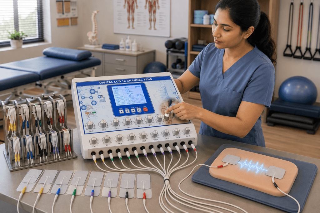 Digital LCD 12 Channel TENS Physiotherapy Machine with electrode leads demonstrated by a physiotherapist in a clinic
