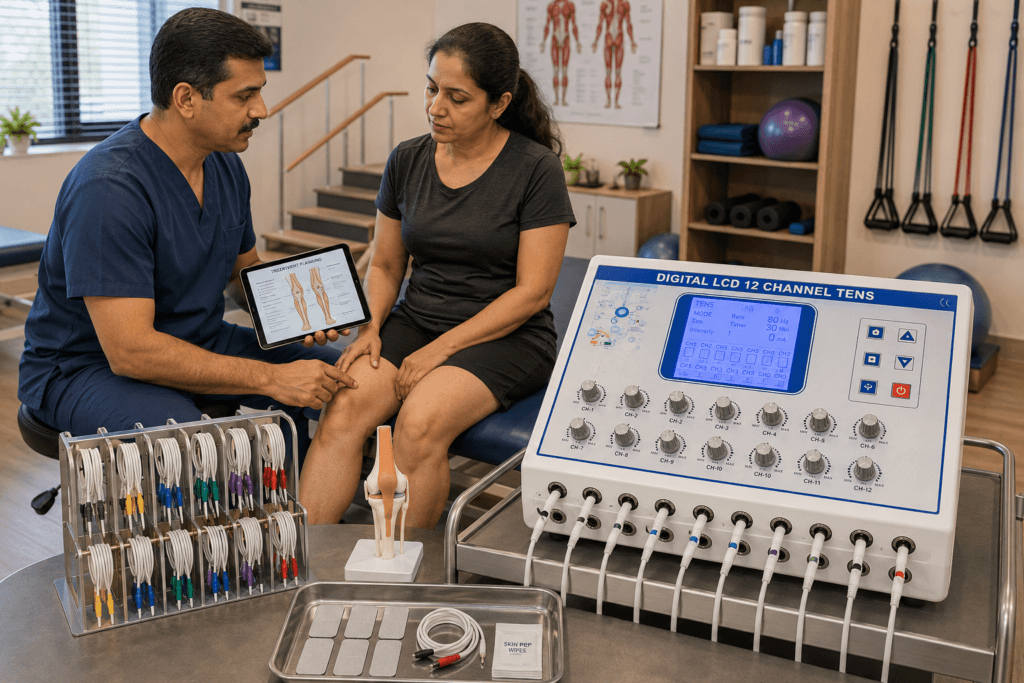 Digital LCD 12 Channel TENS Physiotherapy Machine with physiotherapist explaining knee therapy treatment to a patient