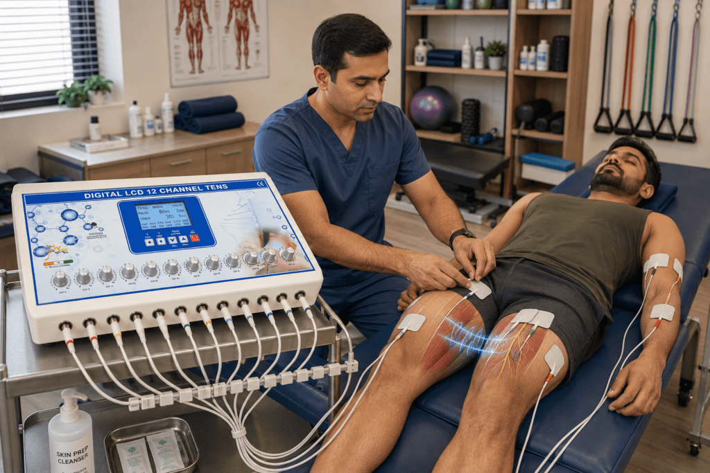 Digital LCD 12 Channel TENS Physiotherapy Machine used by a physiotherapist for multi-electrode therapy on a patient

