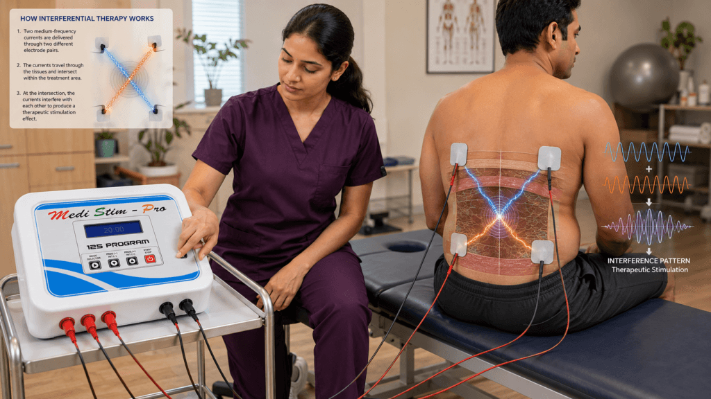 IFT 125P ABS Physiotherapy Machine Interferential therapy machine showing four-electrode placement and intersecting current pathways on the lower back