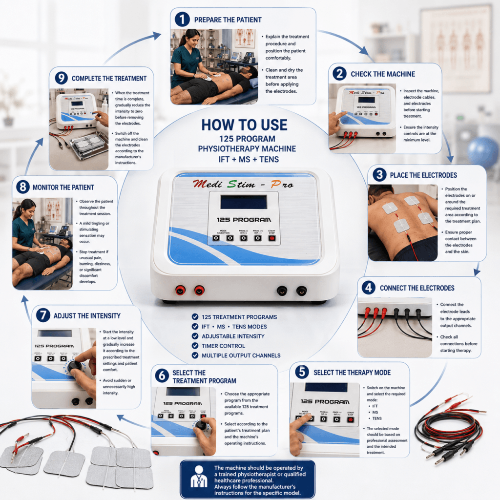 How to use 125 Program IFT MS TENS Physiotherapy Machine with electrode placement and treatment steps