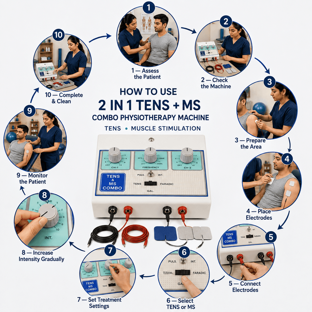 2 In 1 TENS + MS Combo Physiotherapy Machine How to use 2-in-1 TENS and MS Combo Physiotherapy Machine with electrode placement and treatment settings
