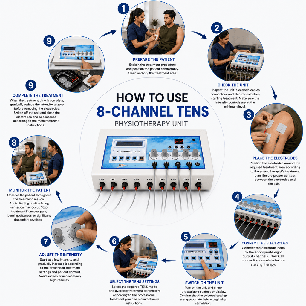 How to use 8-Channel TENS Physiotherapy Unit with patient preparation, electrode placement, channel connection and intensity adjustment steps