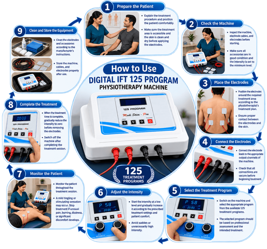 Digital IFT 125 Program Physiotherapy Machine step-by-step usage guide with electrode placement and treatment controls