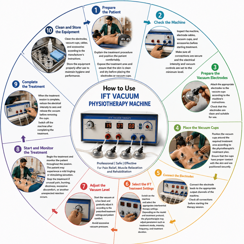 IFT Vacuum Physiotherapy Machine How to use IFT Vacuum Physiotherapy Machine with vacuum cup placement, treatment settings, vacuum adjustment and patient monitoring