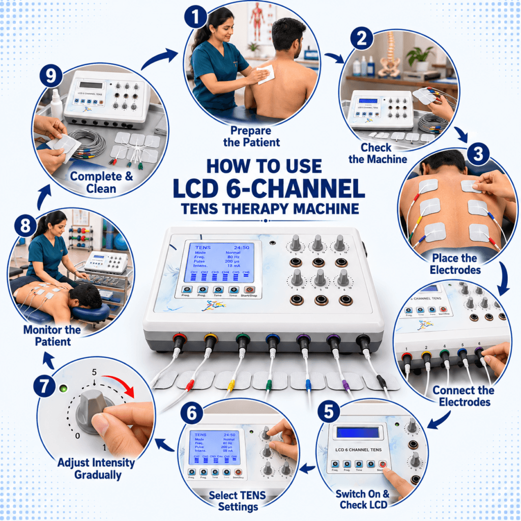 LCD 6 Channel TENS Therapy Machine How to use LCD 6 Channel TENS Therapy Machine with patient preparation, electrode placement, TENS settings and intensity adjustment