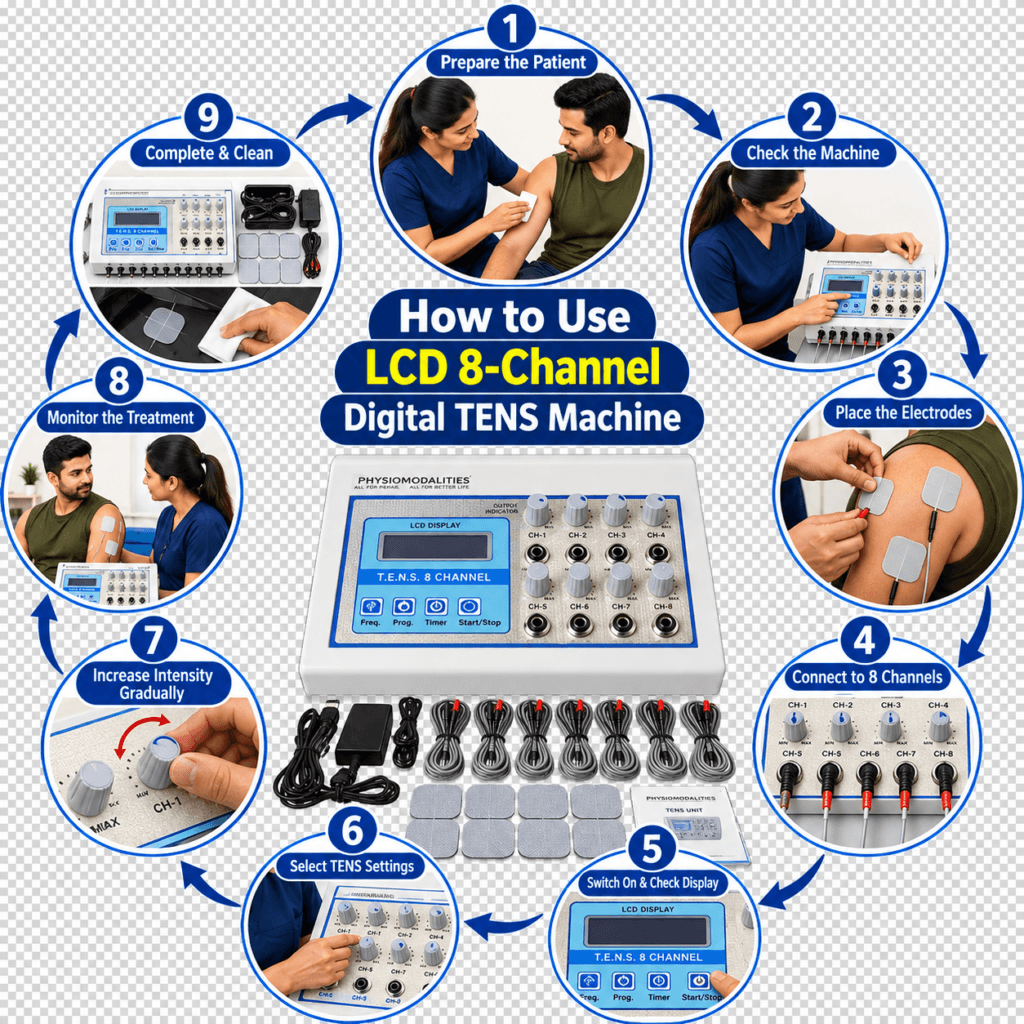 LCD 8-Ch TENS Therapy Machine How to use 8-Ch TENS Therapy Machine with step-by-step electrode placement, channel connection, TENS settings, intensity adjustment, monitoring and cleaning.