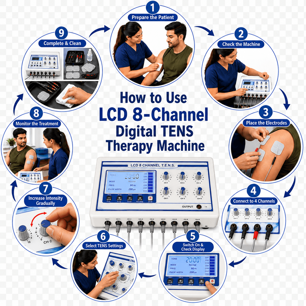 How to use LCD 8-Channel Digital TENS Therapy Machine with step-by-step physiotherapy treatment process
