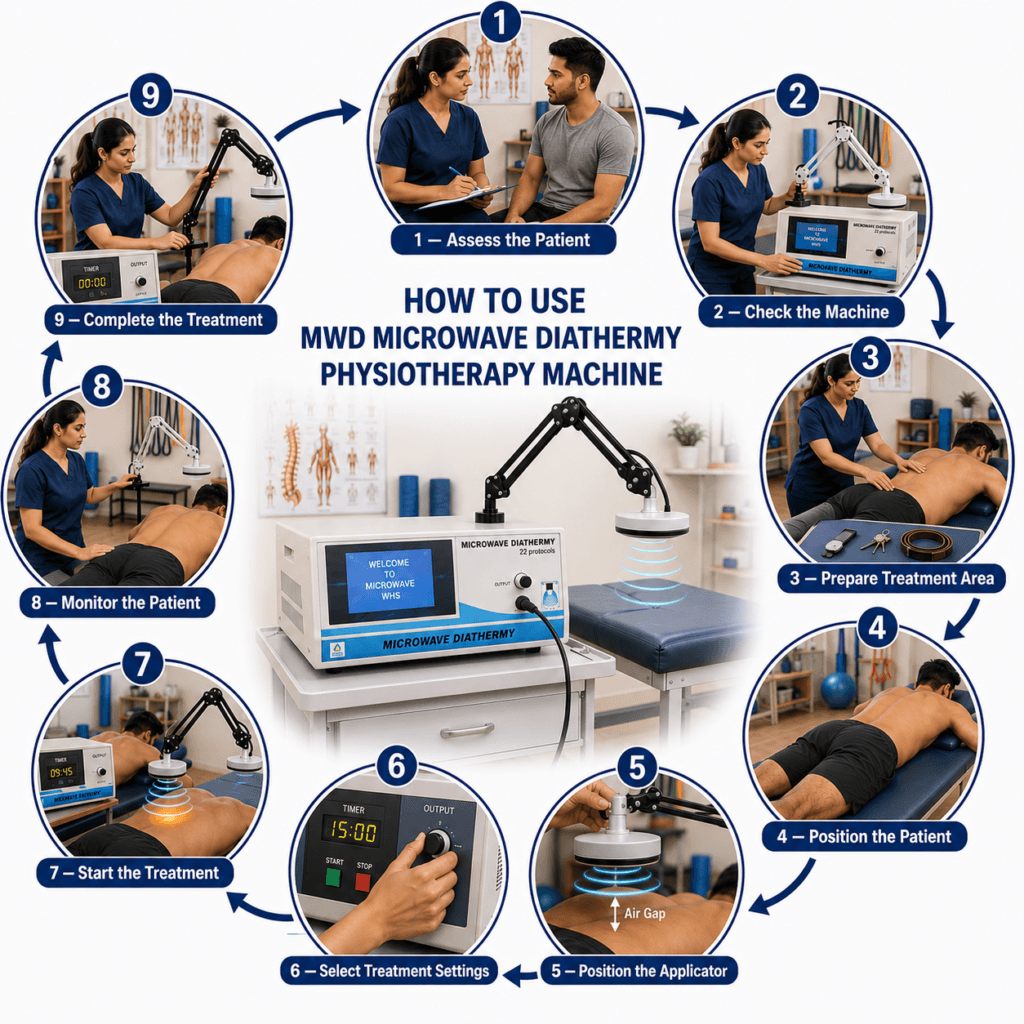 MWD Microwave Diathermy Physiotherapy Machine How to use MWD Microwave Diathermy Physiotherapy Machine with 9-step treatment procedure and applicator positioning