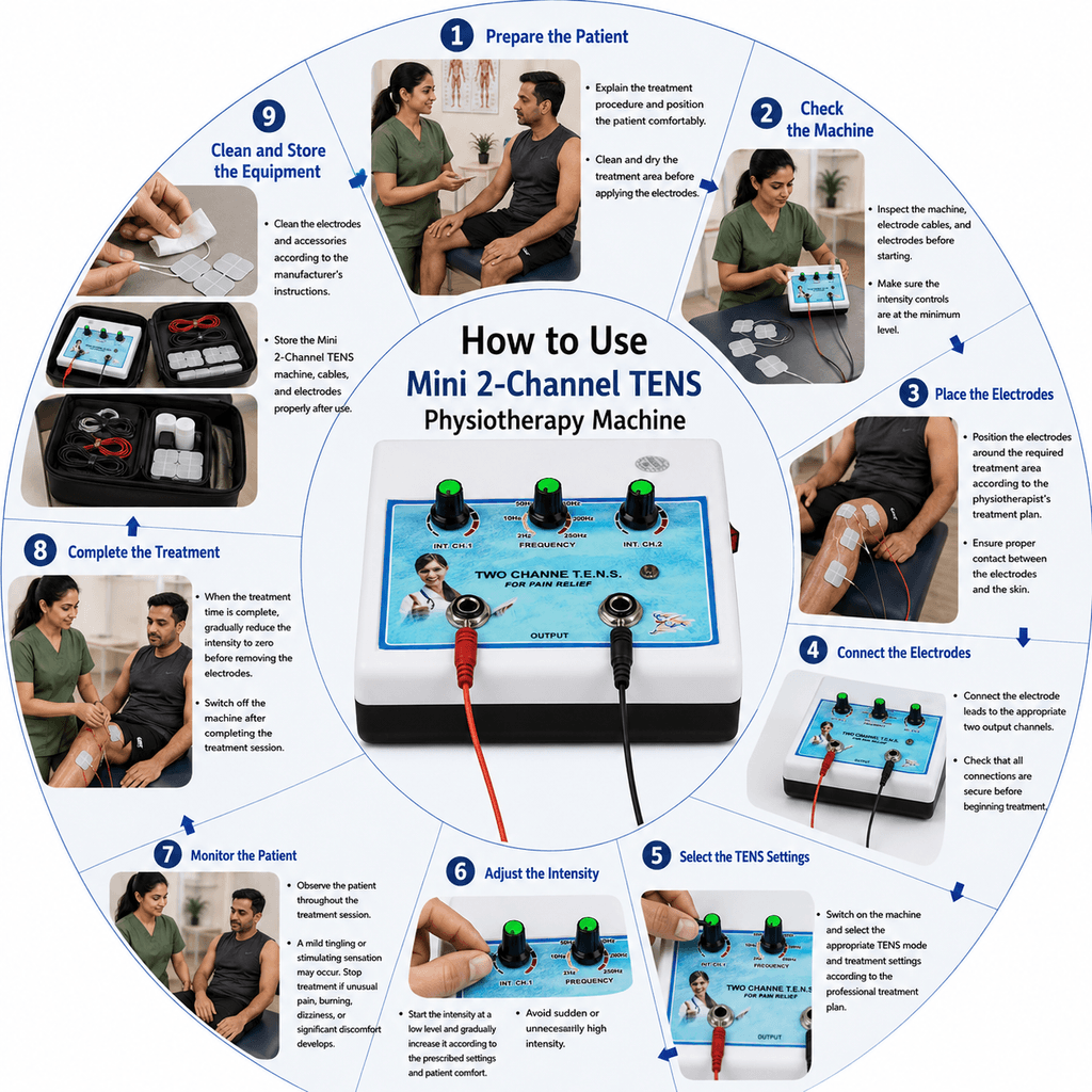 Mini 2-Channel TENS Physiotherapy Machine How to use Mini 2-Channel TENS Physiotherapy Machine with electrode placement and treatment steps