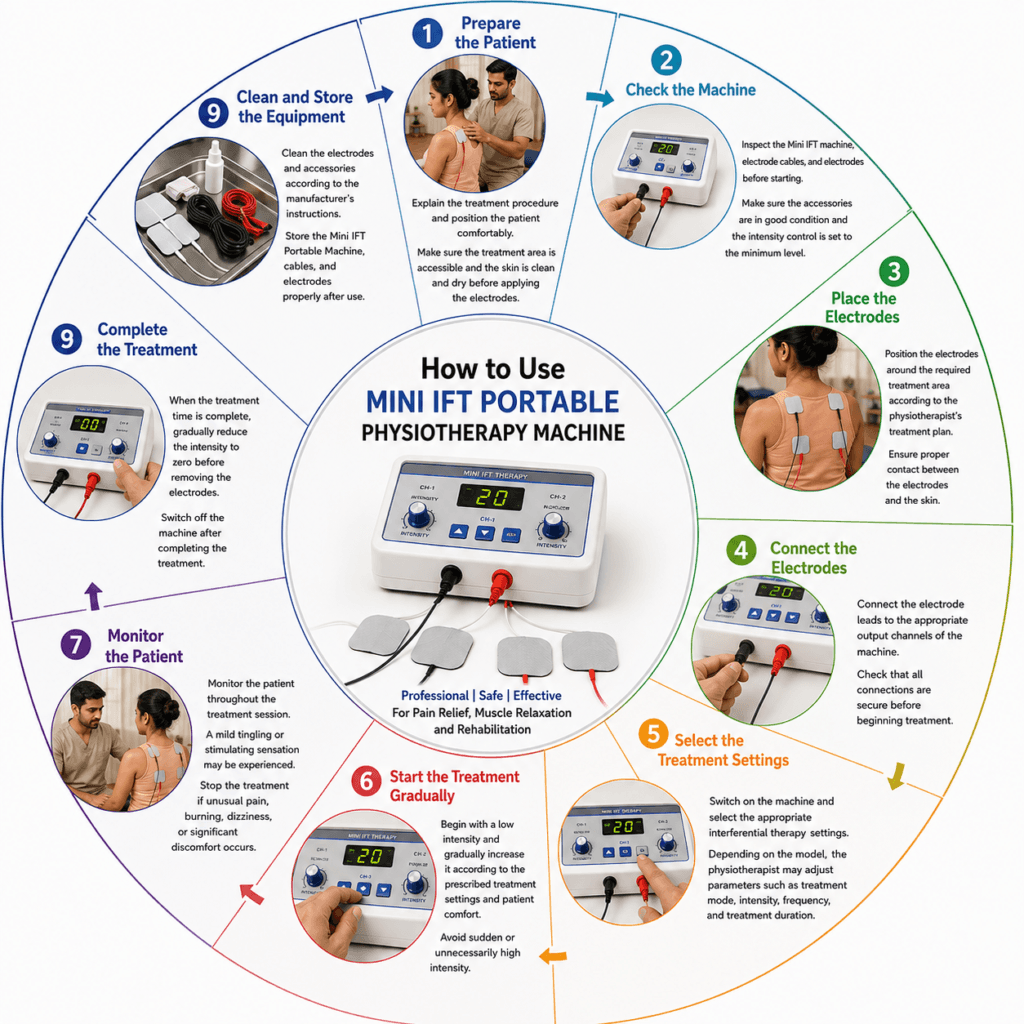 Mini IFT Portable Physiotherapy Machine step-by-step usage guide showing electrode placement, treatment settings and patient monitoring