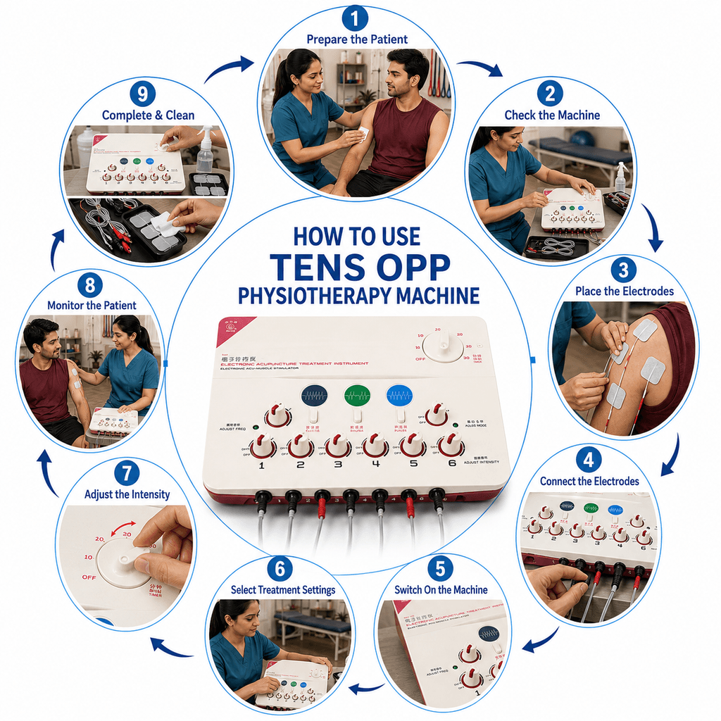 TENS OPP Physiotherapy Machine How to use TENS OPP Physiotherapy Machine with step-by-step electrode placement, machine setup, intensity adjustment and patient monitoring
