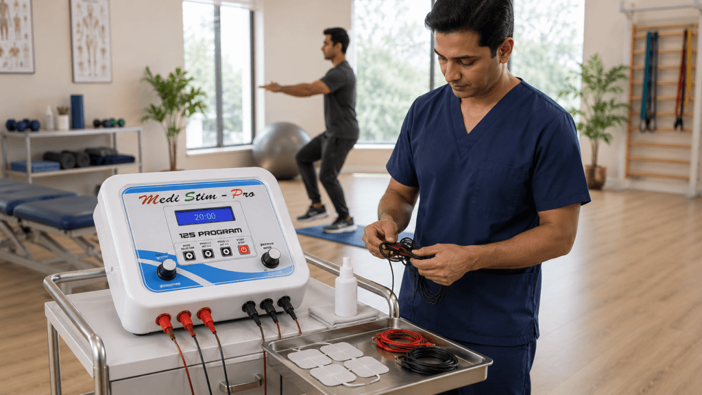 IFT 125P ABS Physiotherapy Machine IFT 125P ABS Physiotherapy Machine with electrode pads and cables being prepared by a physiotherapist in a rehabilitation clinic