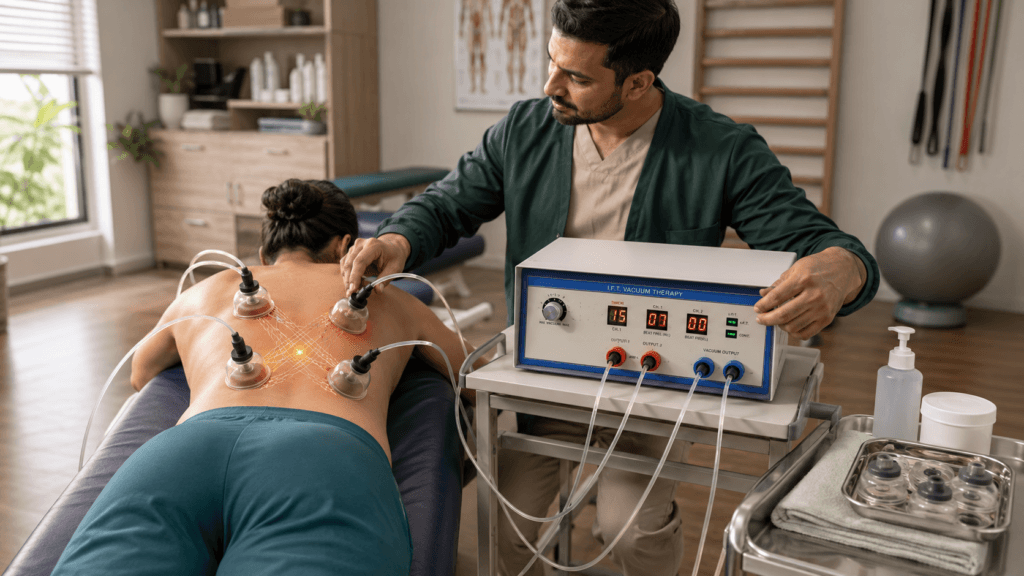 IFT Vacuum Physiotherapy Machine IFT Vacuum Therapy Machine with four vacuum electrodes applied to the back during physiotherapy treatment