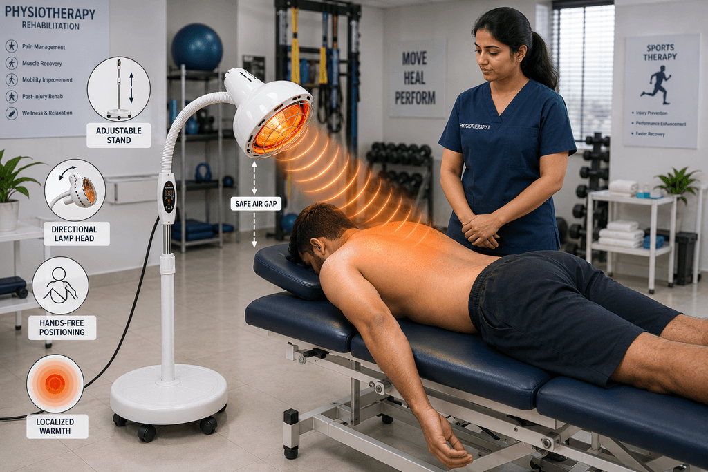 Infrared Therapy Lamp with Stand Infrared Therapy Lamp with Stand providing localized warmth to a patient’s upper back under professional physiotherapist supervision.