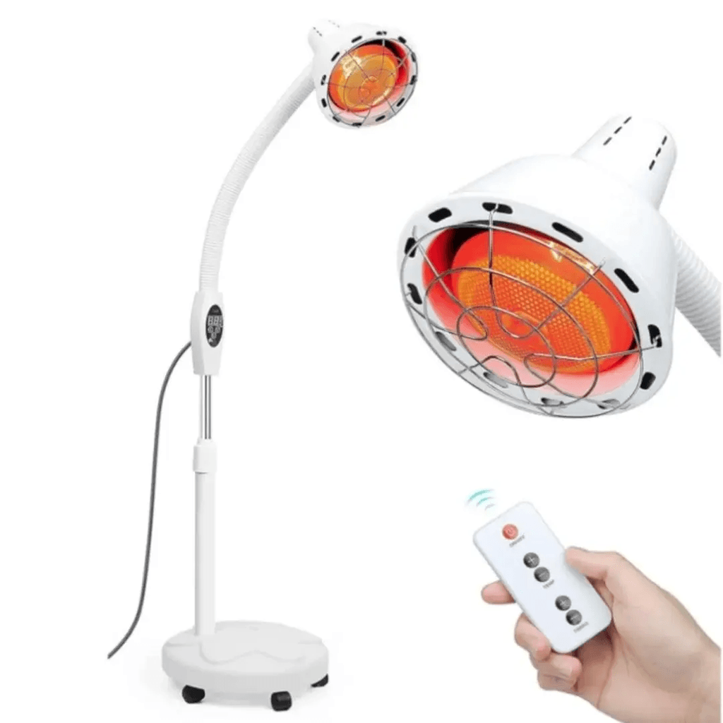 Infrared Therapy Lamp with Stand Infrared Therapy Lamp with adjustable floor stand, flexible lamp head, protective grille and remote control for localized physiotherapy heat treatment.