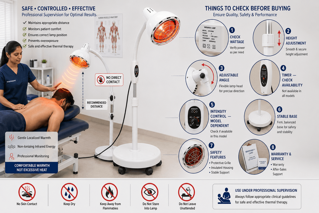 Infrared Therapy Lamp with Stand Infrared Therapy Lamp with Stand showing professional heat therapy application, adjustable lamp positioning, safety features and important buying checks.