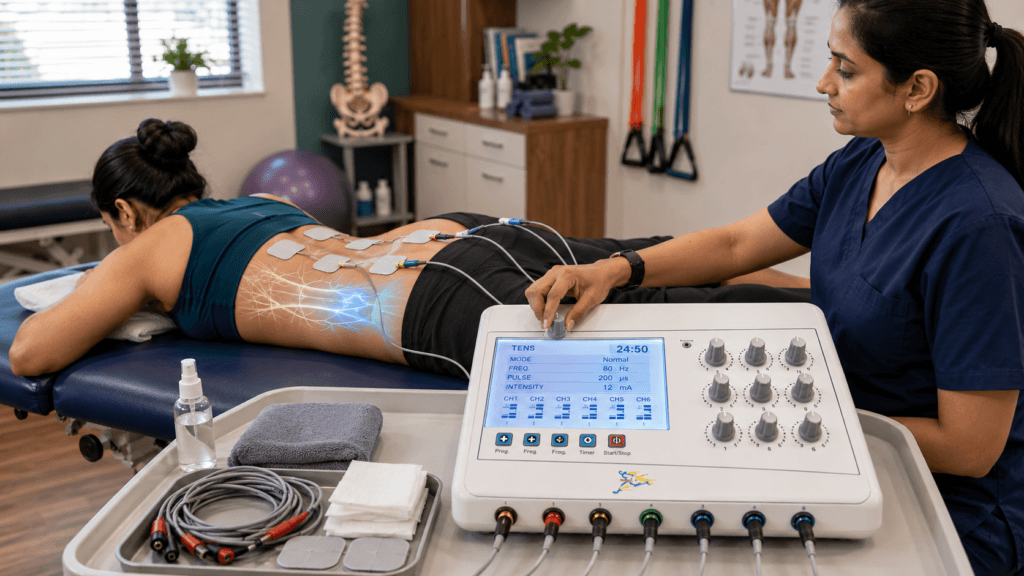 LCD 6 Channel TENS Therapy Machine LCD 6 Channel TENS Physiotherapy Machine used for lower back therapy with multiple electrodes under physiotherapist supervision