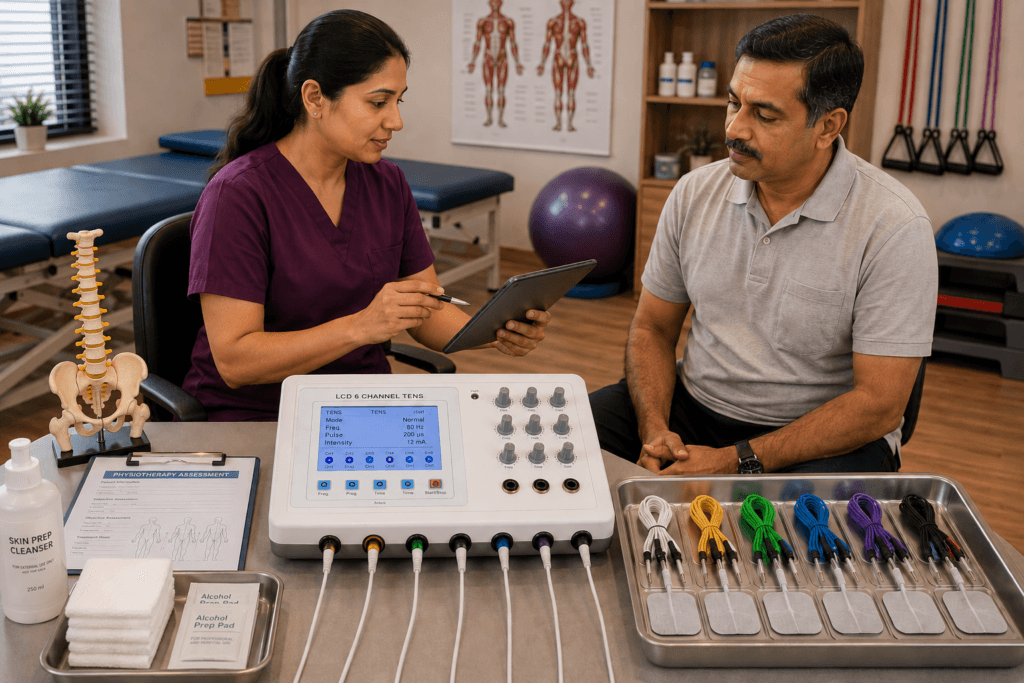 LCD 6 Channel TENS Therapy Machine LCD 6 Channel TENS Physiotherapy Machine with electrode cables during patient consultation in a physiotherapy clinic