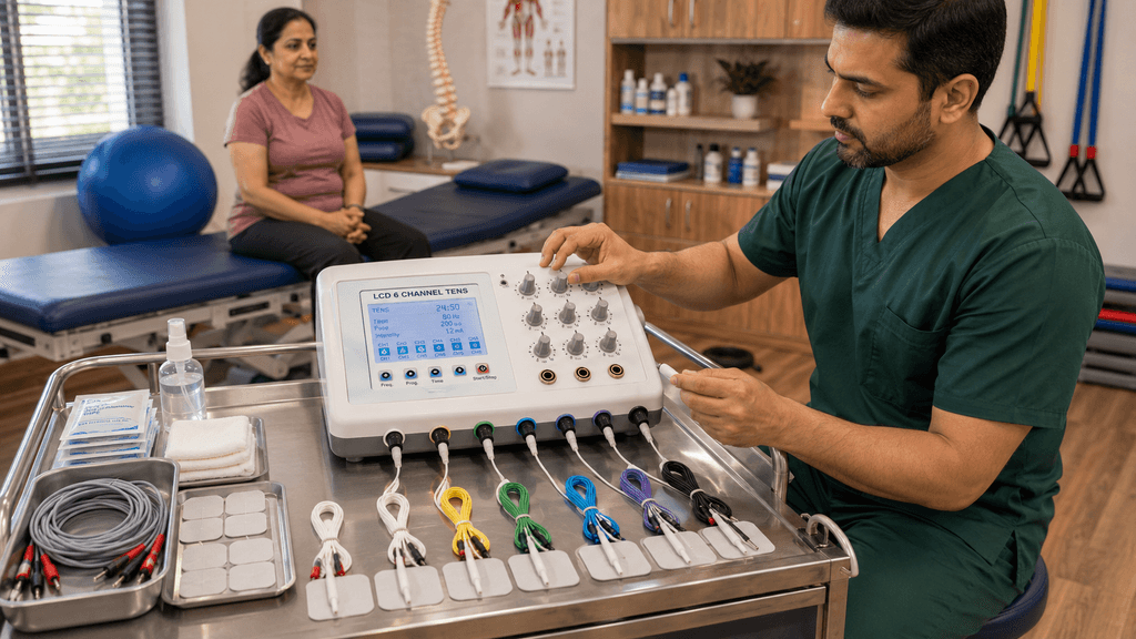 LCD 6 Channel TENS Therapy Machine LCD 6 Channel TENS Physiotherapy Machine with electrode pads and lead cables being prepared by a physiotherapist before treatment