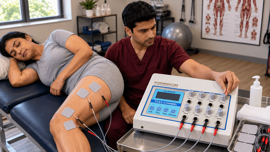 LCD 8-Ch TENS Therapy Machine Physiotherapist using an LCD 8 Channel Digital TENS Machine with electrodes placed on a patient’s thigh for professional electrotherapy treatment.