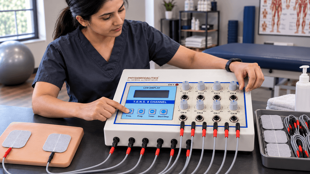 LCD 8-Ch TENS Therapy Machine Physiotherapist operating an LCD 8 Channel Digital TENS Machine with multiple electrode lead connections and adjustable channel intensity controls.