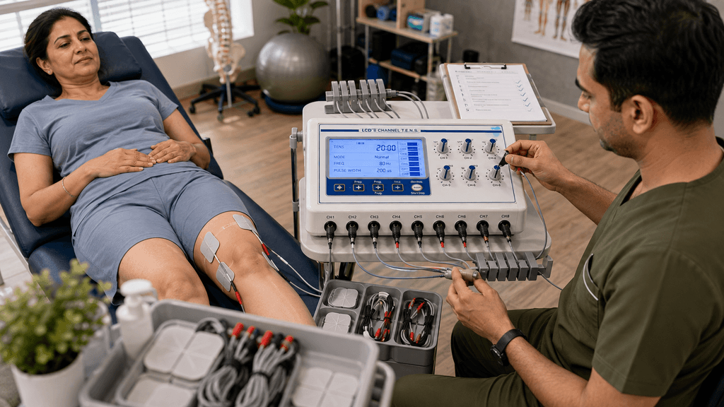 LCD 8-Channel TENS Physiotherapy Machine used for knee electrical stimulation therapy with multiple electrode channels