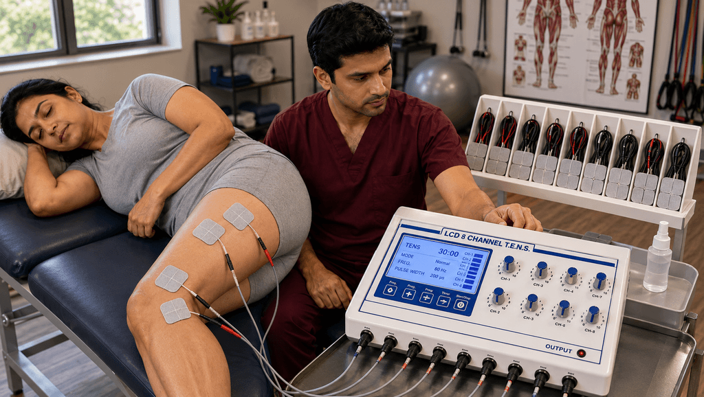 LCD 8-Channel TENS Physiotherapy Machine used for multi-channel electrical stimulation therapy on a patient’s leg