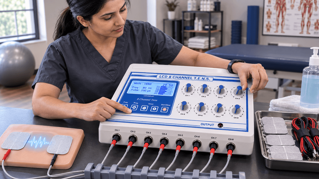 LCD 8-Channel TENS Physiotherapy Machine with physiotherapist adjusting treatment settings and eight-channel electrode connections