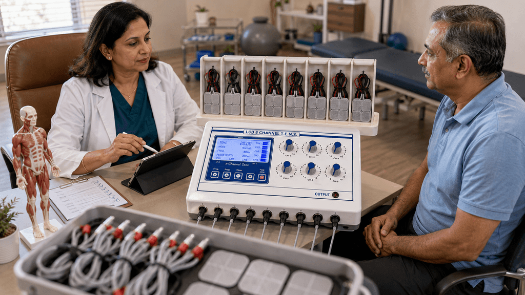 LCD 8-Channel TENS Physiotherapy Machine with electrodes, lead cables and physiotherapist explaining treatment to a patient