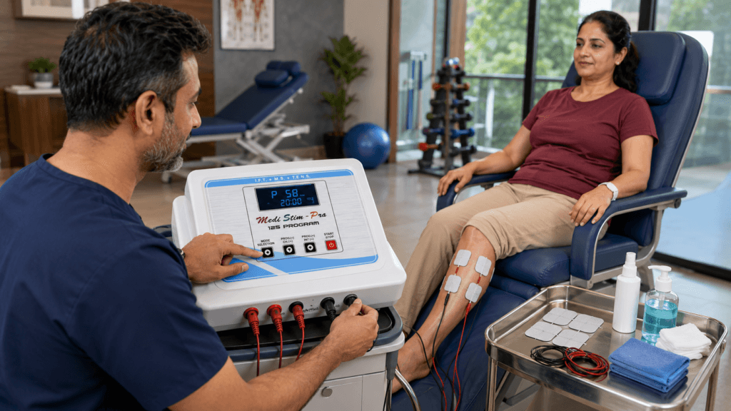 Medi Stim Pro IFT 125 Program Therapy Unit Medi Stim Pro IFT 125 Program Therapy Unit used for knee interferential therapy treatment
